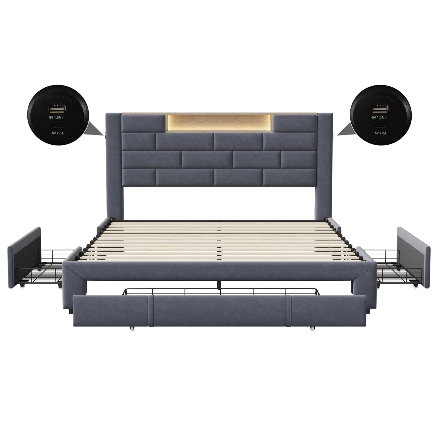 BRILVERDE Polsterbett 140×200 cm – Doppelbett mit LED & USB-C, 3 Schubladen, Stauraum-Kopfteil, Lattenrost, Samt Grau, ohne Matratze
