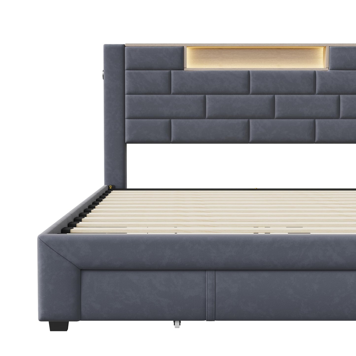 BRILVERDE Polsterbett 140×200 cm – Doppelbett mit LED & USB-C, 3 Schubladen, Stauraum-Kopfteil, Lattenrost, Samt Grau, ohne Matratze