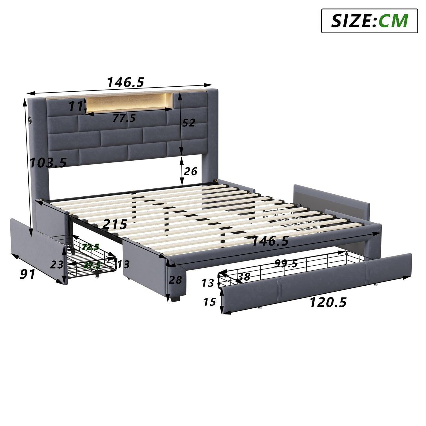 BRILVERDE Polsterbett 140×200 cm – Doppelbett mit LED & USB-C, 3 Schubladen, Stauraum-Kopfteil, Lattenrost, Samt Grau, ohne Matratze