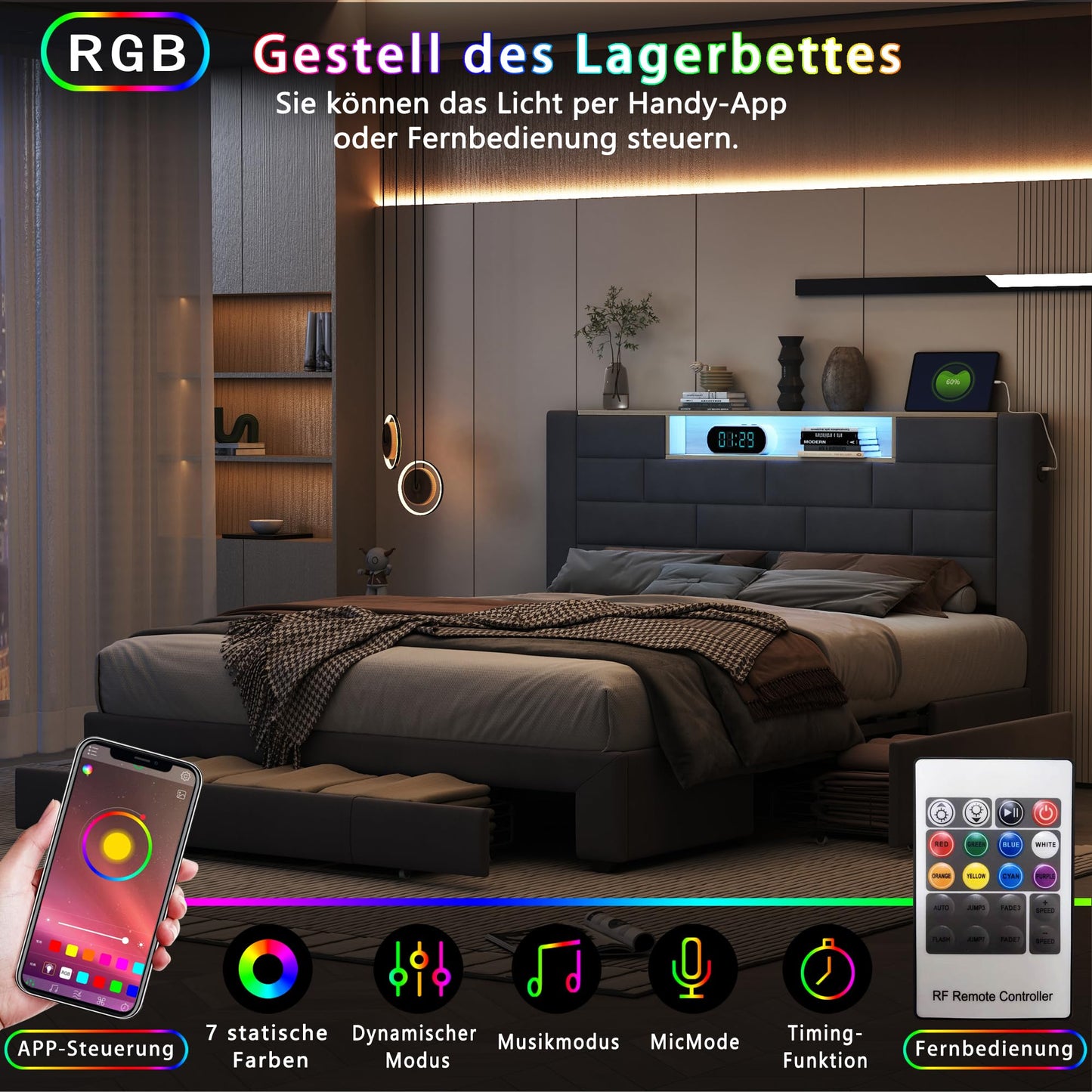 BRILVERDE Polsterbett 140×200 cm – Doppelbett mit LED & USB-C, 3 Schubladen, Stauraum-Kopfteil, Lattenrost, Samt Grau, ohne Matratze