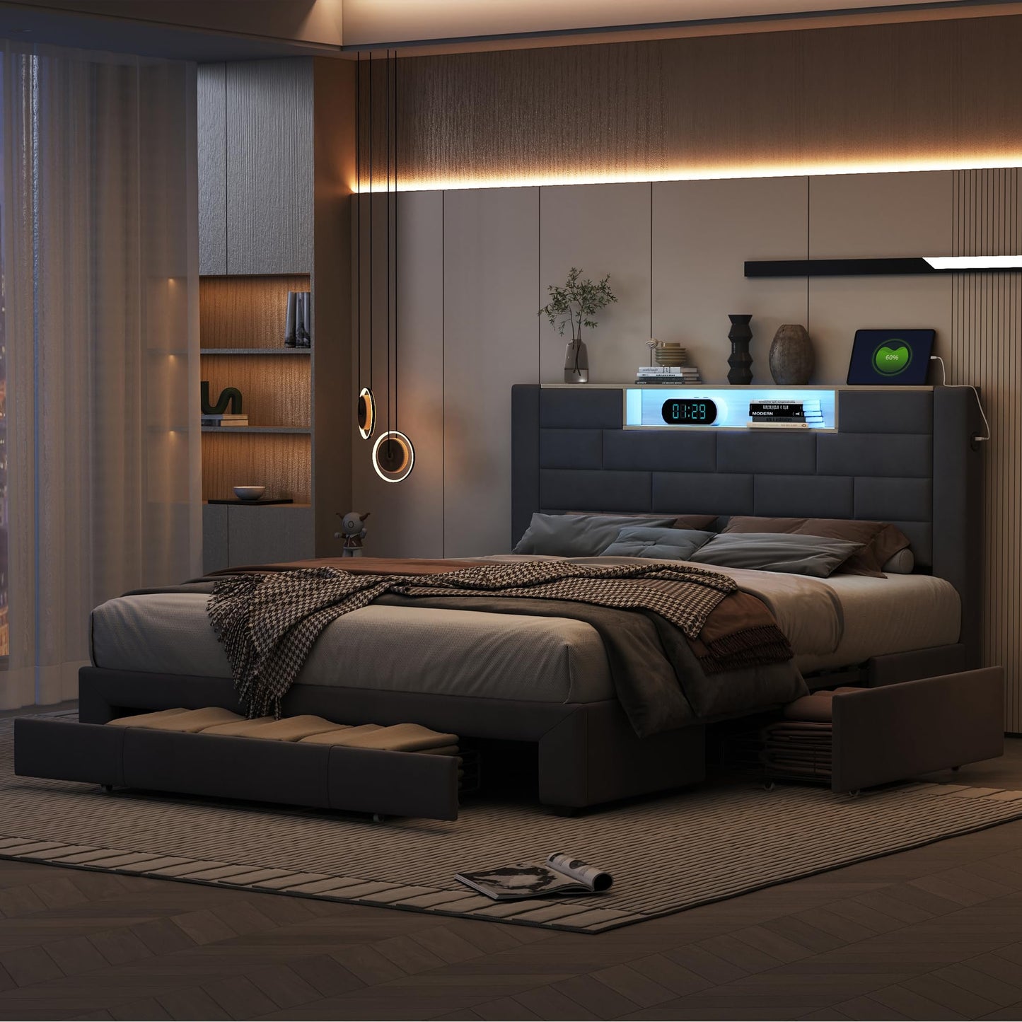 BRILVERDE Polsterbett 140×200 cm – Doppelbett mit LED & USB-C, 3 Schubladen, Stauraum-Kopfteil, Lattenrost, Samt Grau, ohne Matratze