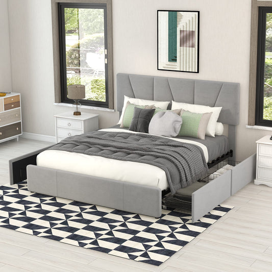 Becag Polsterbett 140×200 cm – Doppelbett mit 4 Schubladen, verstellbarem Kopfteil, Lattenrost & Metallrahmen, Samt Grau, ohne Matratze