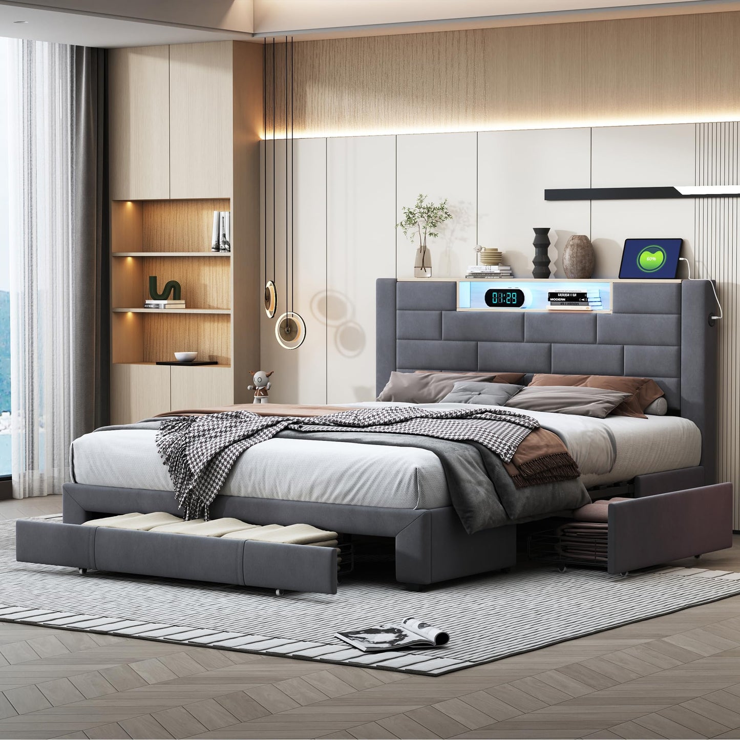 BRILVERDE Polsterbett 140×200 cm – Doppelbett mit LED & USB-C, 3 Schubladen, Stauraum-Kopfteil, Lattenrost, Samt Grau, ohne Matratze